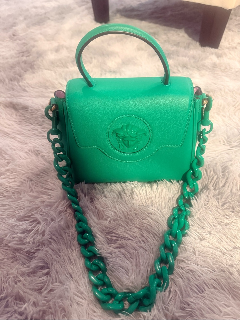 Versace Green Top Handle Satchel Embossed Logo. Chain Strap. Small. AUTHENTIC